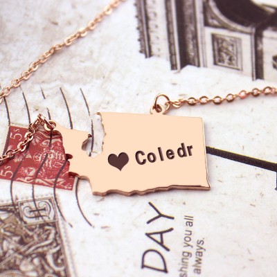 Washington State USA Map Necklace With Heart Name Rose Gold - Custom Jewellery By All Uniqueness