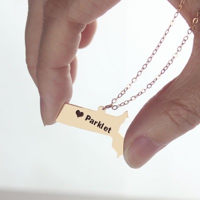 Massachusetts State Shaped Necklaces With Heart Name Rose Gold - Custom Jewellery By All Uniqueness