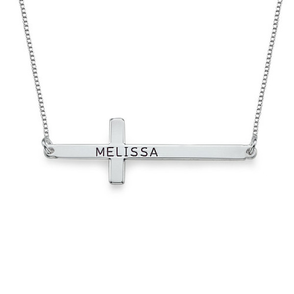 Engraved Silver Sideways Cross Necklace - Custom Jewellery By All Uniqueness