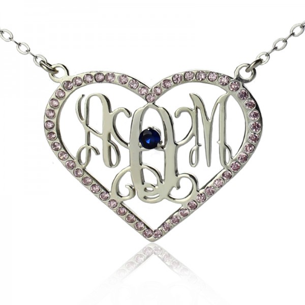 Silver Heart Birthstone Monogram Necklace - Custom Jewellery By All Uniqueness