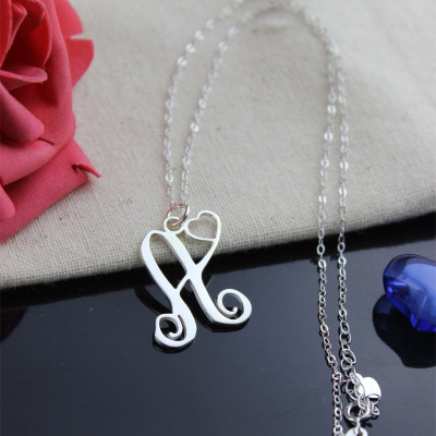 One Initial Monogram With Heart Necklace Silver - Custom Jewellery By All Uniqueness