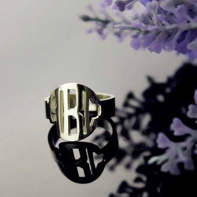 Circle Block Monogram 3 Initials Ring Solid White Gold Ring - Custom Jewellery By All Uniqueness