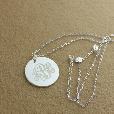 Solid White Gold Vine Font Disc Engraved Monogram Necklace - Custom Jewellery By All Uniqueness