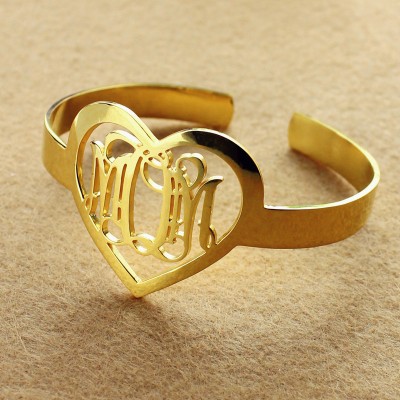 Personal Gold Plated Silver 3 Initials Monogram Bracelets With Heart - Custom Jewellery By All Uniqueness