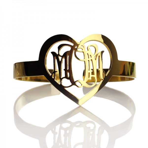 Personal Gold Plated Silver 3 Initials Monogram Bracelets With Heart - Custom Jewellery By All Uniqueness