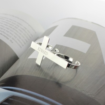 Custom Two finger Cross Ring Engraved Name Silver - Custom Jewellery By All Uniqueness