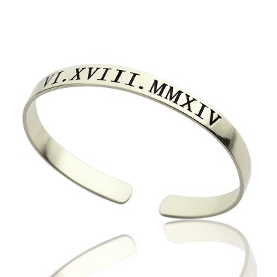Roman Numeral Date Cuff Bracelet Silver - Custom Jewellery By All Uniqueness