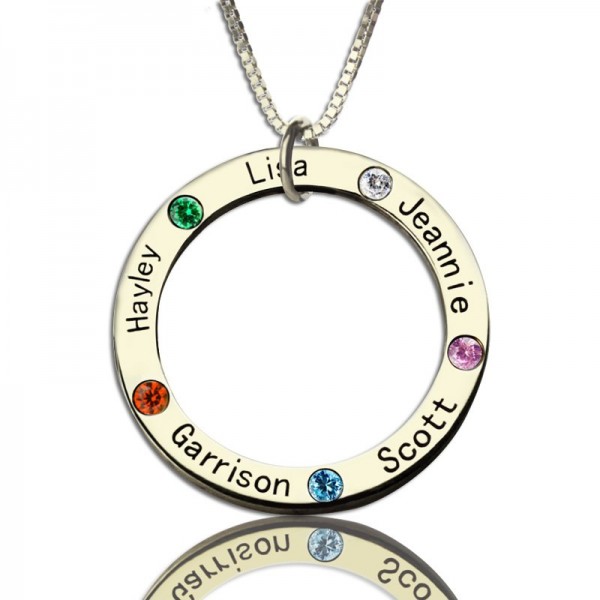 Mothers Family Circle Name Necklace Engraved Birthstone Silver - Custom Jewellery By All Uniqueness