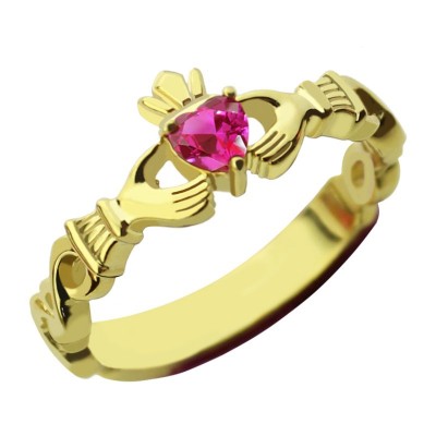 Ladies Modern Claddagh Rings With Birthstone Name Gold Plated - Custom Jewellery By All Uniqueness