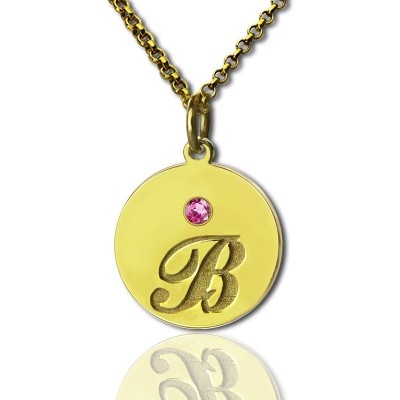 Engraved Initial Birthstone Disc Charm Necklace Gold Plated - Custom Jewellery By All Uniqueness