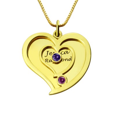 His Her Birthstone Heart Name Necklace Gold Plated - Custom Jewellery By All Uniqueness