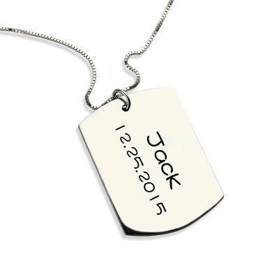 ID Dog Tag Bar Pendant with Name and Birth Date Silver - Custom Jewellery By All Uniqueness