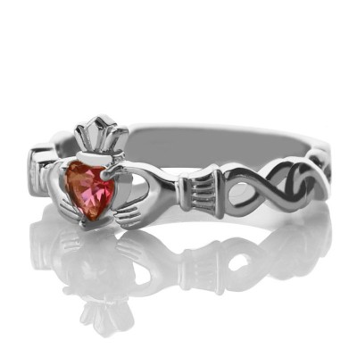 Ladies Claddagh Rings With Birthstone Name White Gold Plated Silver - Custom Jewellery By All Uniqueness
