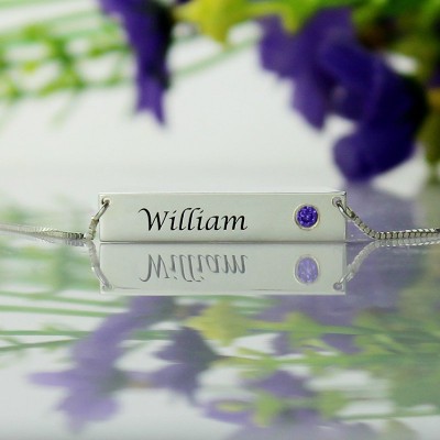 Nameplate Bar Necklace with Birthstone Silver - Custom Jewellery By All Uniqueness