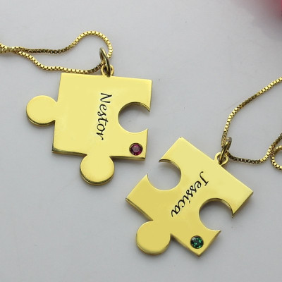 Matching Puzzle Necklace for Couple With Name Birthstone Gold Plate - Custom Jewellery By All Uniqueness
