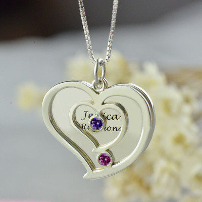 Couples Birthstone Heart Name Necklace - Custom Jewellery By All Uniqueness