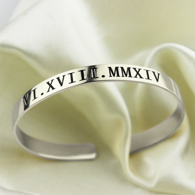 Roman Numeral Date Cuff Bracelet Silver - Custom Jewellery By All Uniqueness