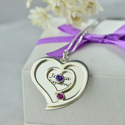 Couples Birthstone Heart Name Necklace - Custom Jewellery By All Uniqueness