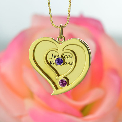 His Her Birthstone Heart Name Necklace Gold Plated - Custom Jewellery By All Uniqueness