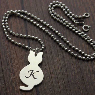 Tiny Cat Initial Pendant Necklace Silver - Custom Jewellery By All Uniqueness