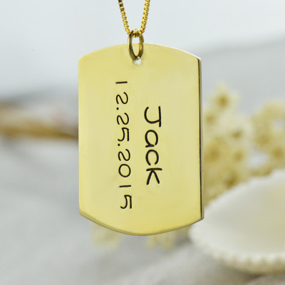 ID Dog Tag Bar Pendant with Name and Birth Date Gold Plated Silver - Custom Jewellery By All Uniqueness