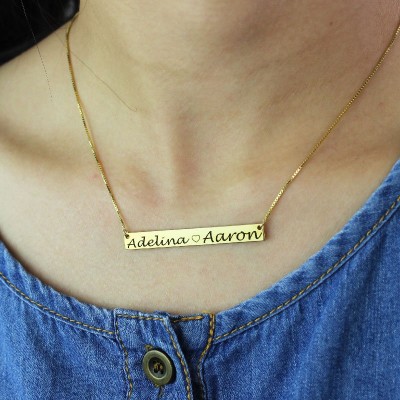 Gold Bar Necklace Engraved Double Name - Custom Jewellery By All Uniqueness