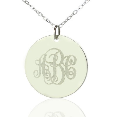 Solid White Gold Vine Font Disc Engraved Monogram Necklace - Custom Jewellery By All Uniqueness