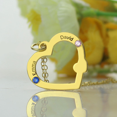 Gold Open Heart Necklace with Double Name Birthstone - Custom Jewellery By All Uniqueness