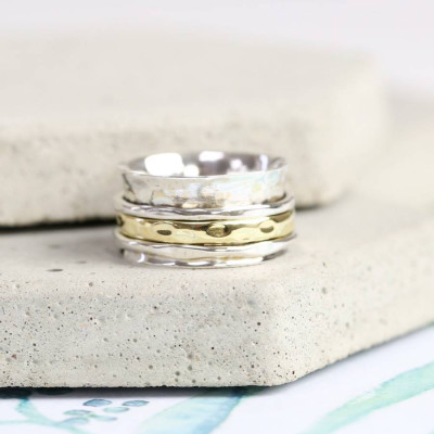 Silver And Gold Hammered Effect Spinning Ring - Custom Jewellery By All Uniqueness