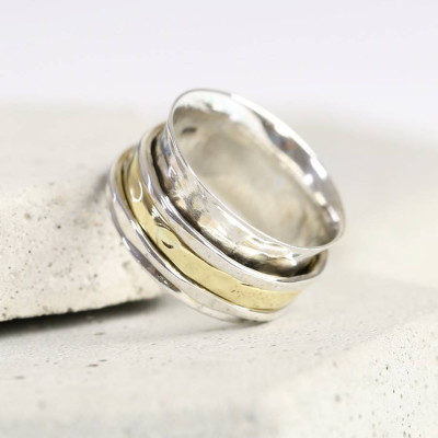 Silver And Gold Hammered Effect Spinning Ring - Custom Jewellery By All Uniqueness