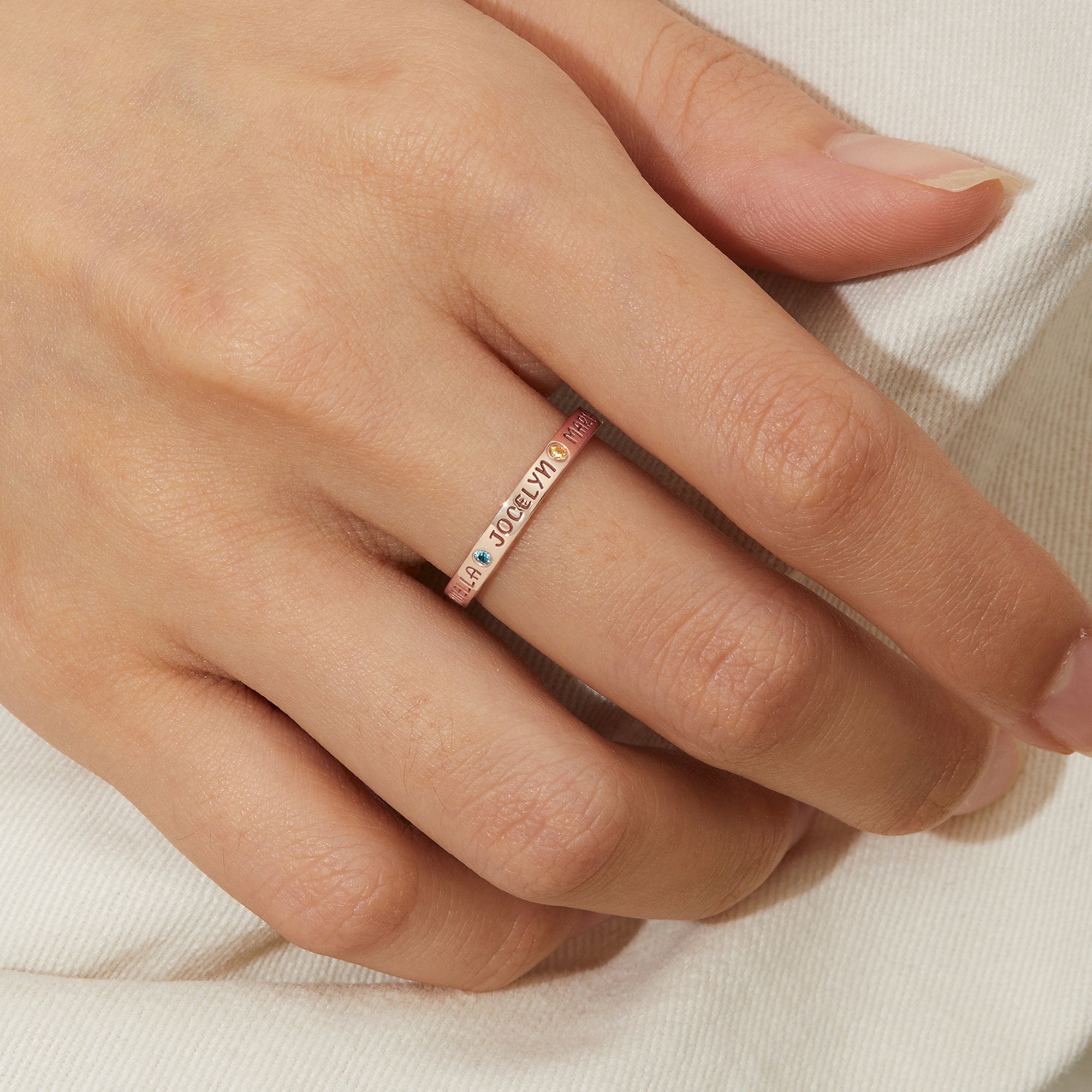 Personalized 3-Stone Birthstone Ring with Engraved Names for Mom, Wife, Grandma - Handmade Gift