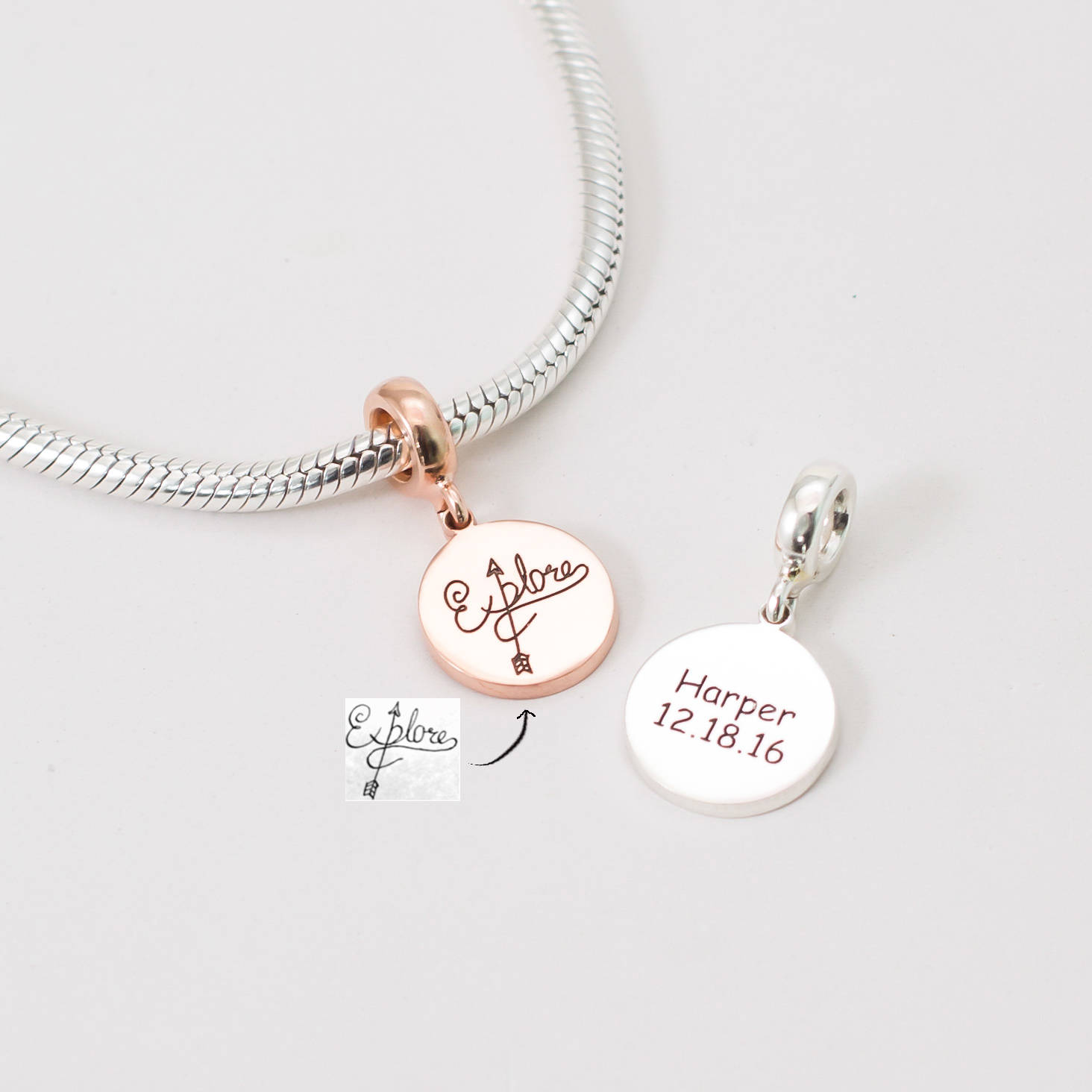 Custom Silver Handwriting Charm - Personalized Name Beads - European Tags Jewelry - Signature New Mom Gift