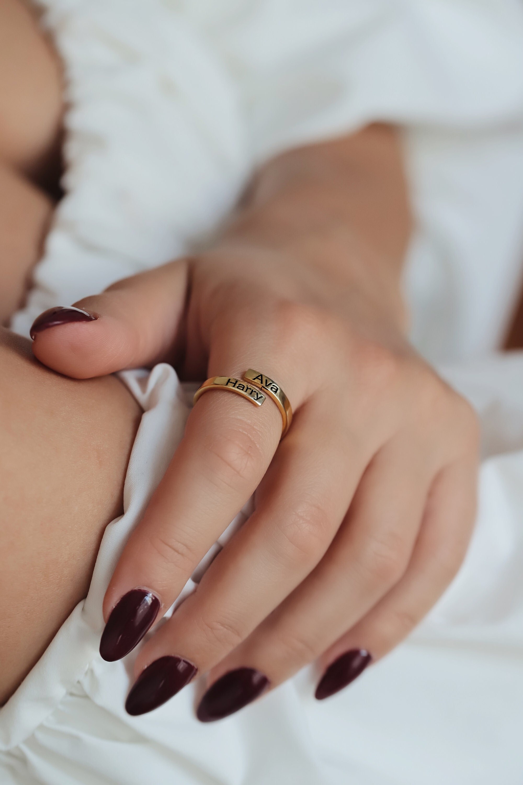 Angel Name Stacking Ring, Personalized Hug Ring, Custom Double Name Ring, Gift for Her, Jewelry