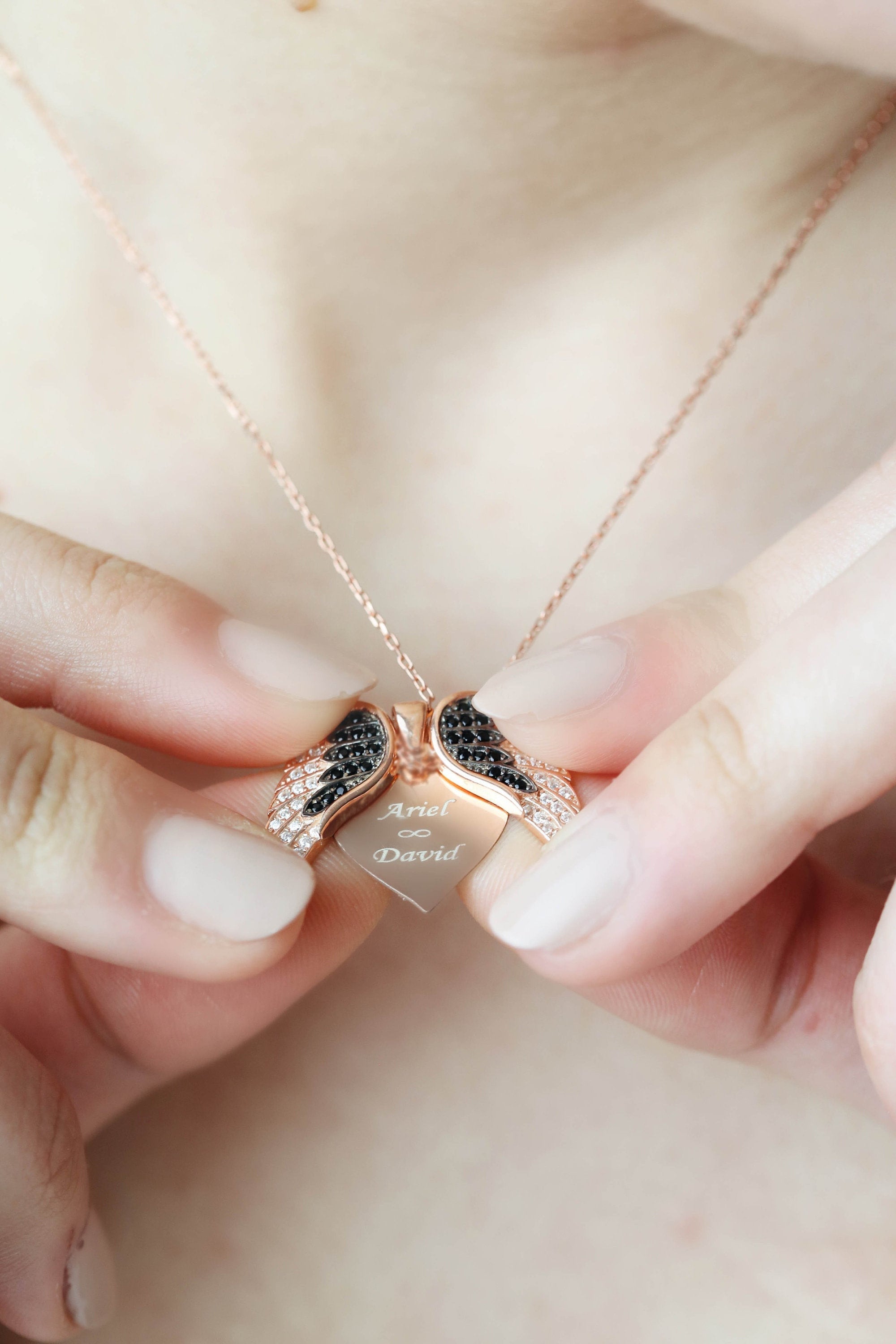 Personalized Angel Wings Necklace with Hidden Name | Openable Wing Pendant Gift for Her | Daniel's Custom Name Jewelry |