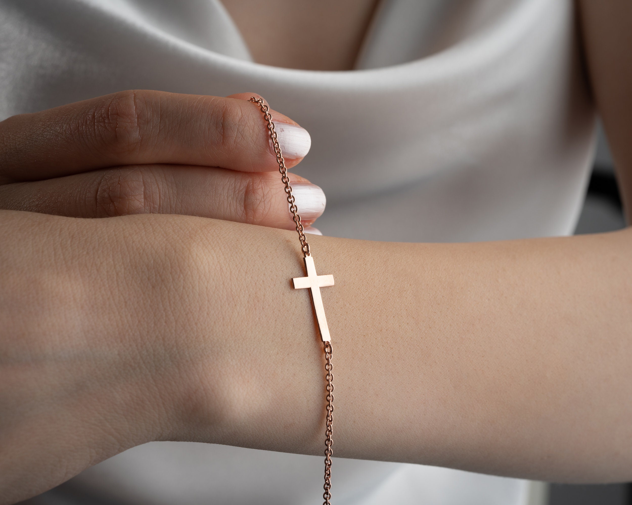 Personalized Gold Cross Bracelet for Women - Silver Name Bracelet with Dainty Rose Gold Birthstone and Cross Charm - Christmas Gifts