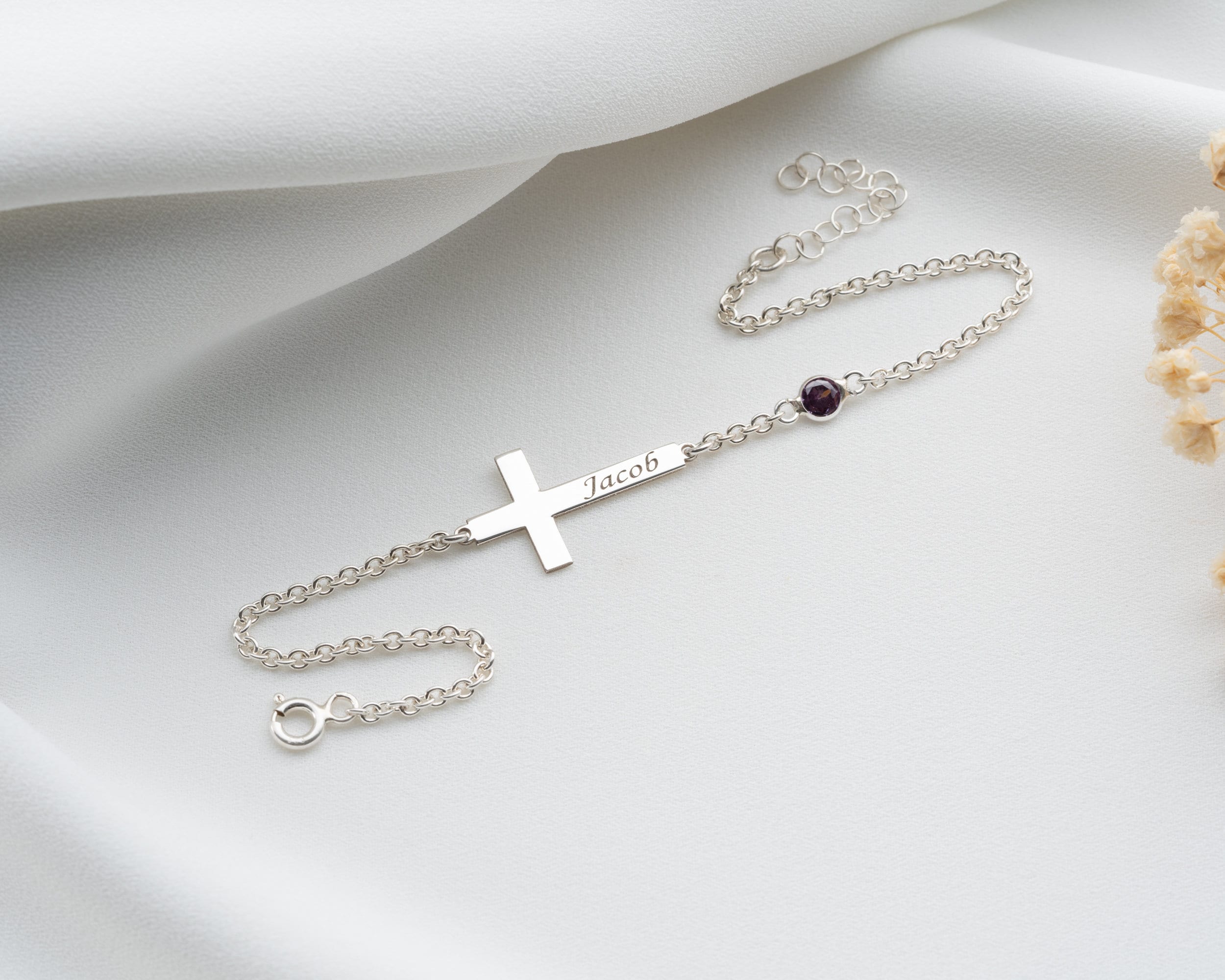 Personalized Gold Cross Bracelet for Women - Silver Name Bracelet with Dainty Rose Gold Birthstone and Cross Charm - Christmas Gifts