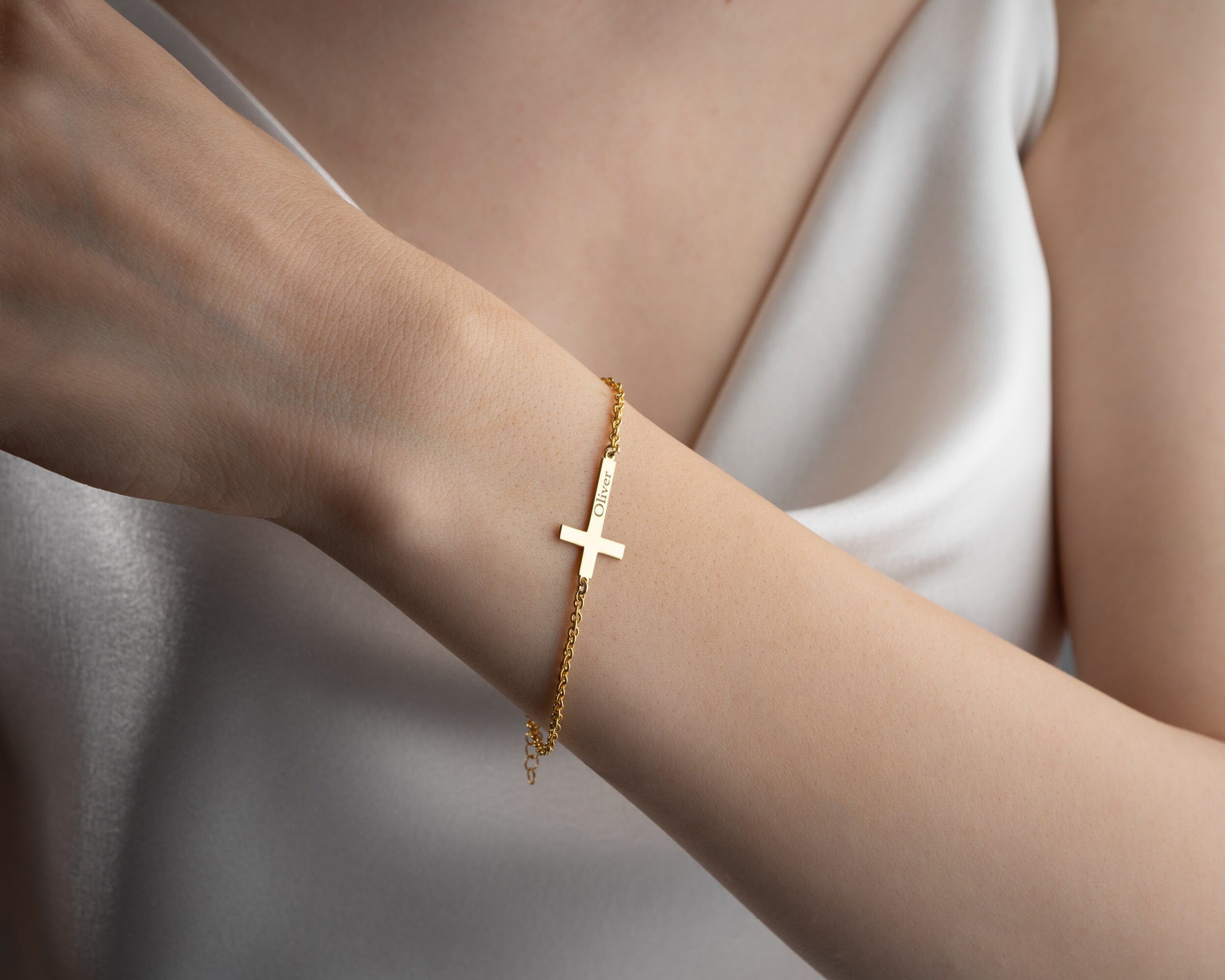 Personalized Gold Cross Bracelet for Women - Silver Name Bracelet with Dainty Rose Gold Birthstone and Cross Charm - Christmas Gifts
