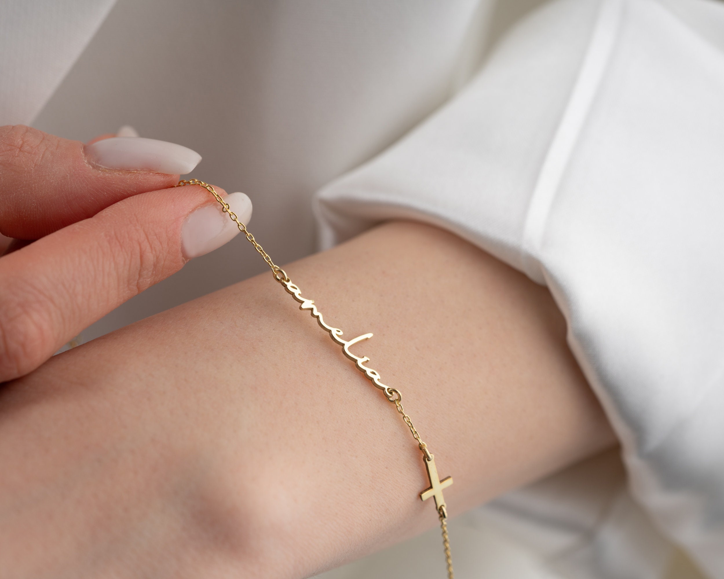 Personalized Gold Name Bracelet for Women with Silver Cross, Handwritten Name &amp; Birthstone, Dainty Charm Christmas Gift