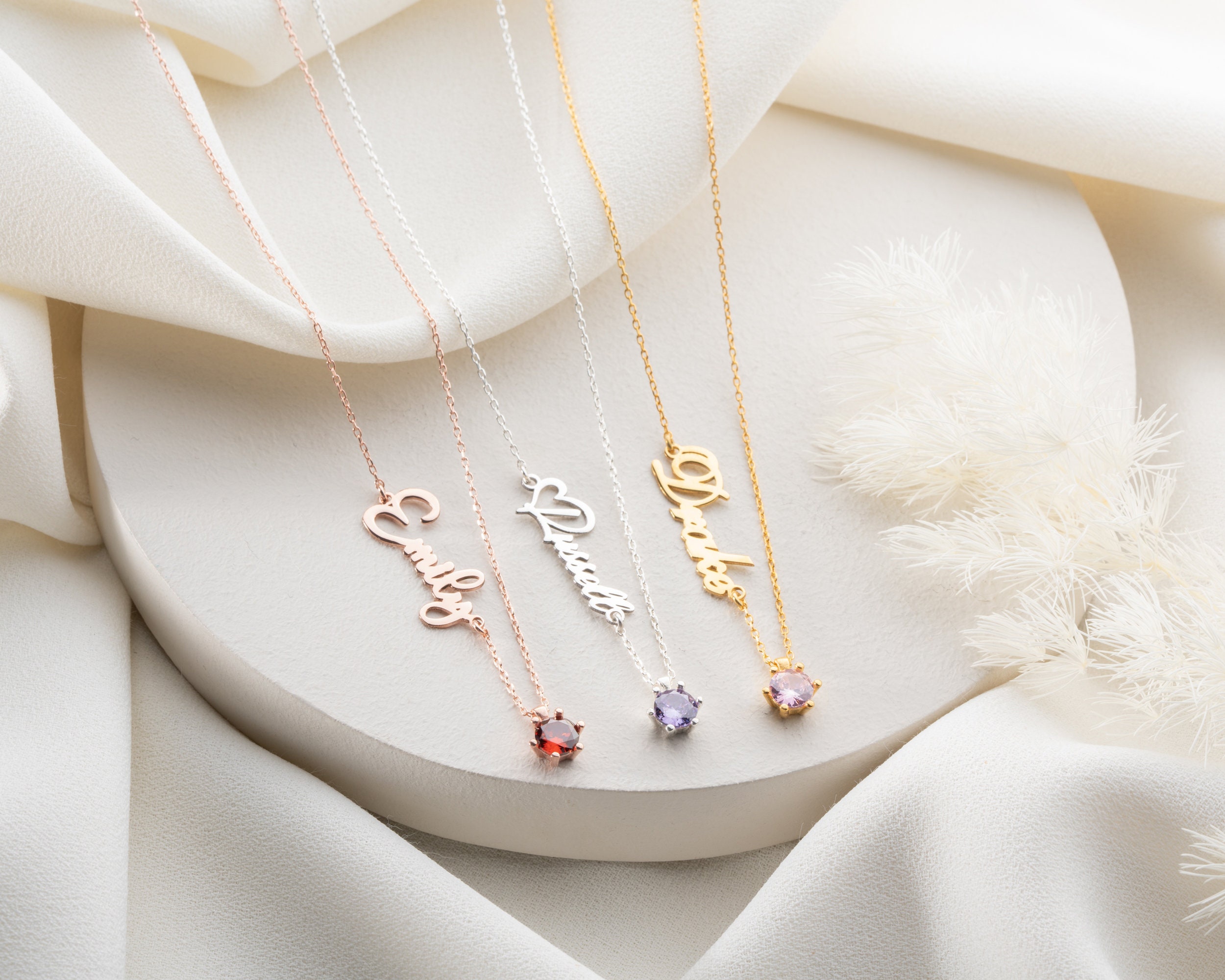 Personalized Gold Name Necklace with Birthstone - Custom Birthday and Christmas Gift for Her, Gemstone Jewelry for Mom,