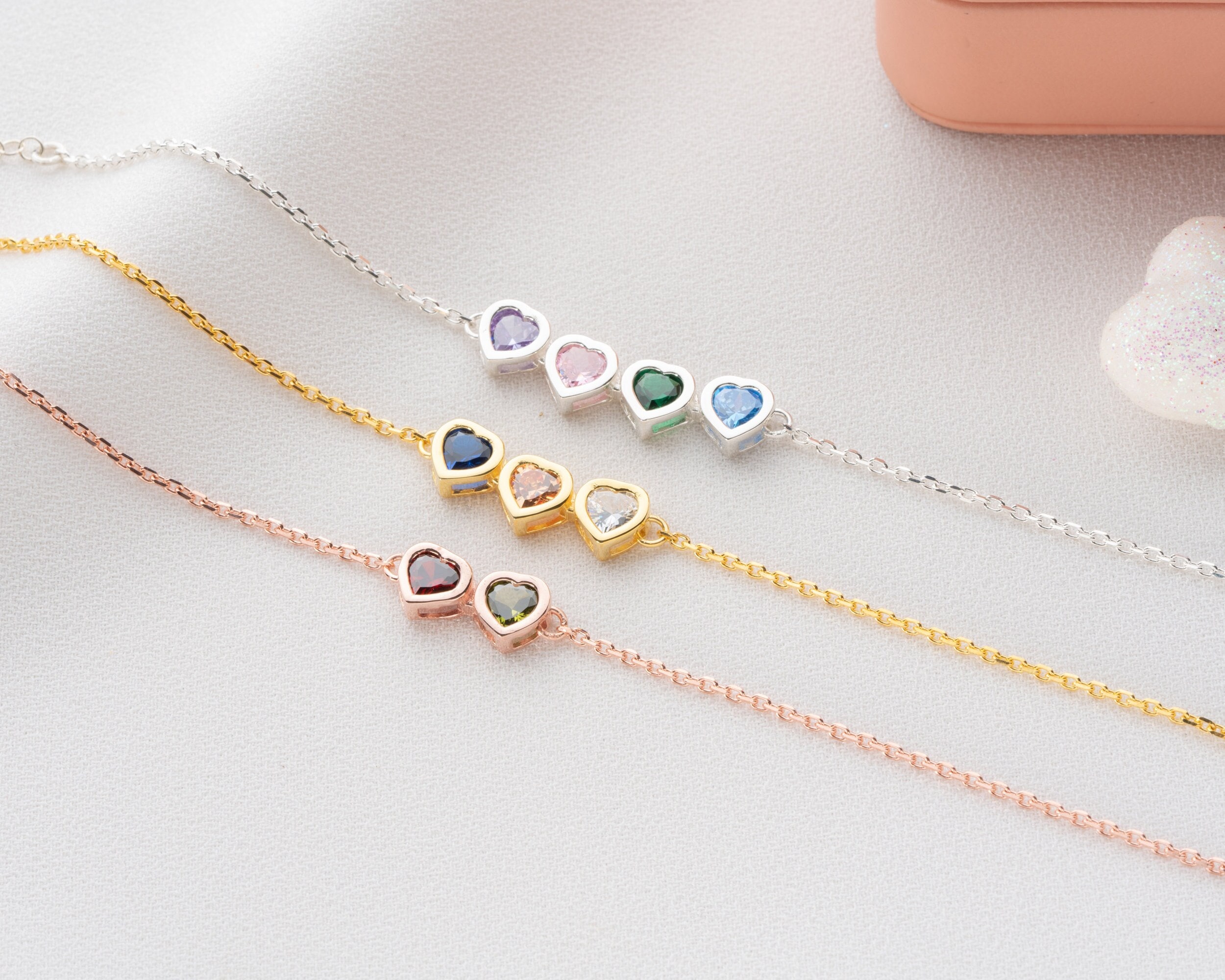 Personalized Gold Heart Family Birthstone Bracelet for Mom - Silver Jewelry with December Birthstone -