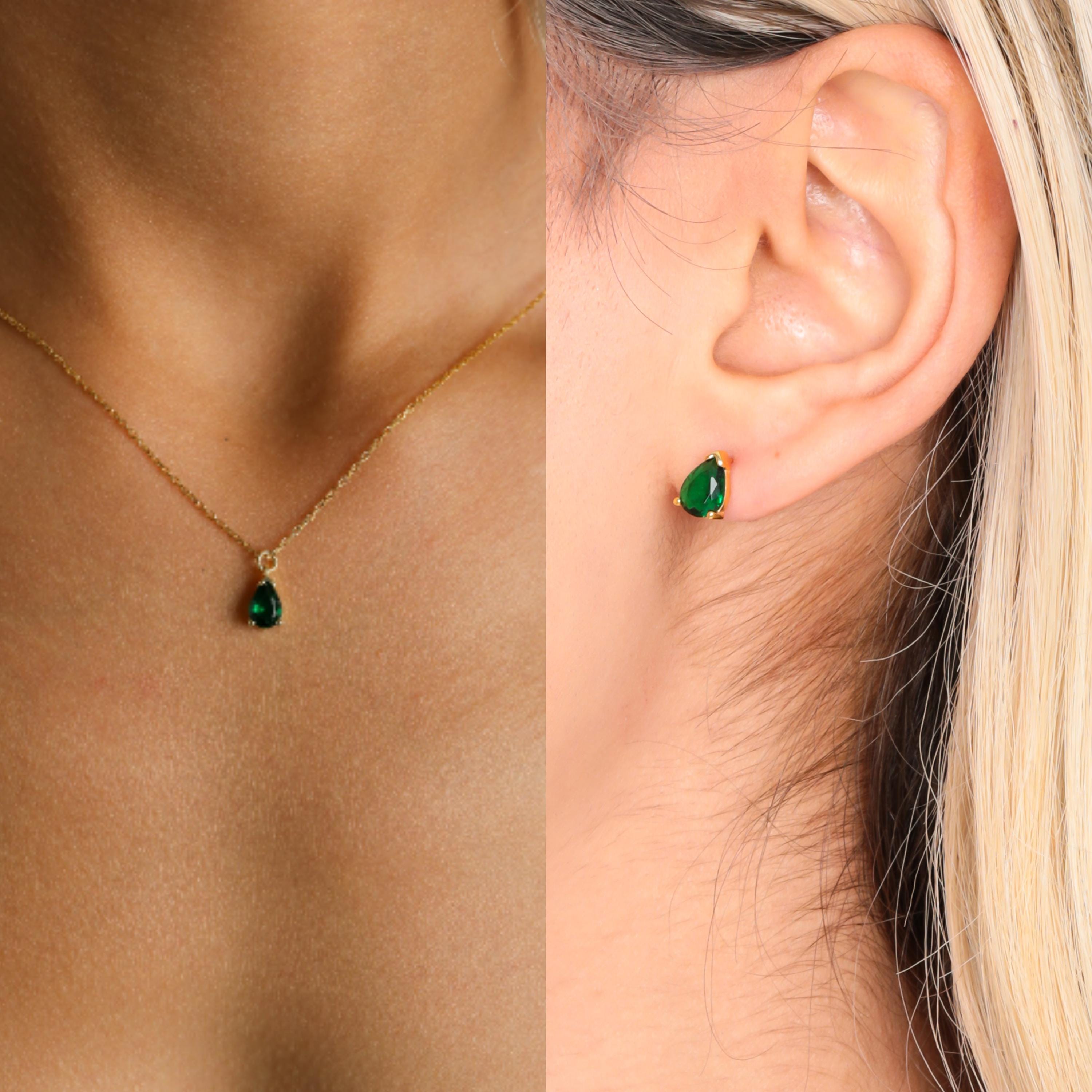 Emerald Necklace Earrings Set - Minimalist Drop Jewelry for Her or Him - Emerald Stud Earrings &amp; Choker Necklace Gift