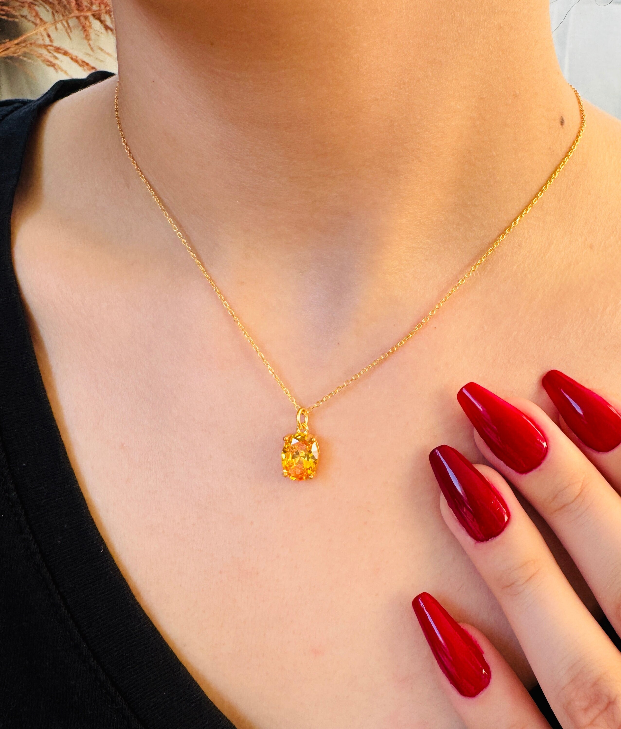 Dainty Ruby Citrine Gemstone Wedding Necklace - July or November Birthstone Pendant Gift
