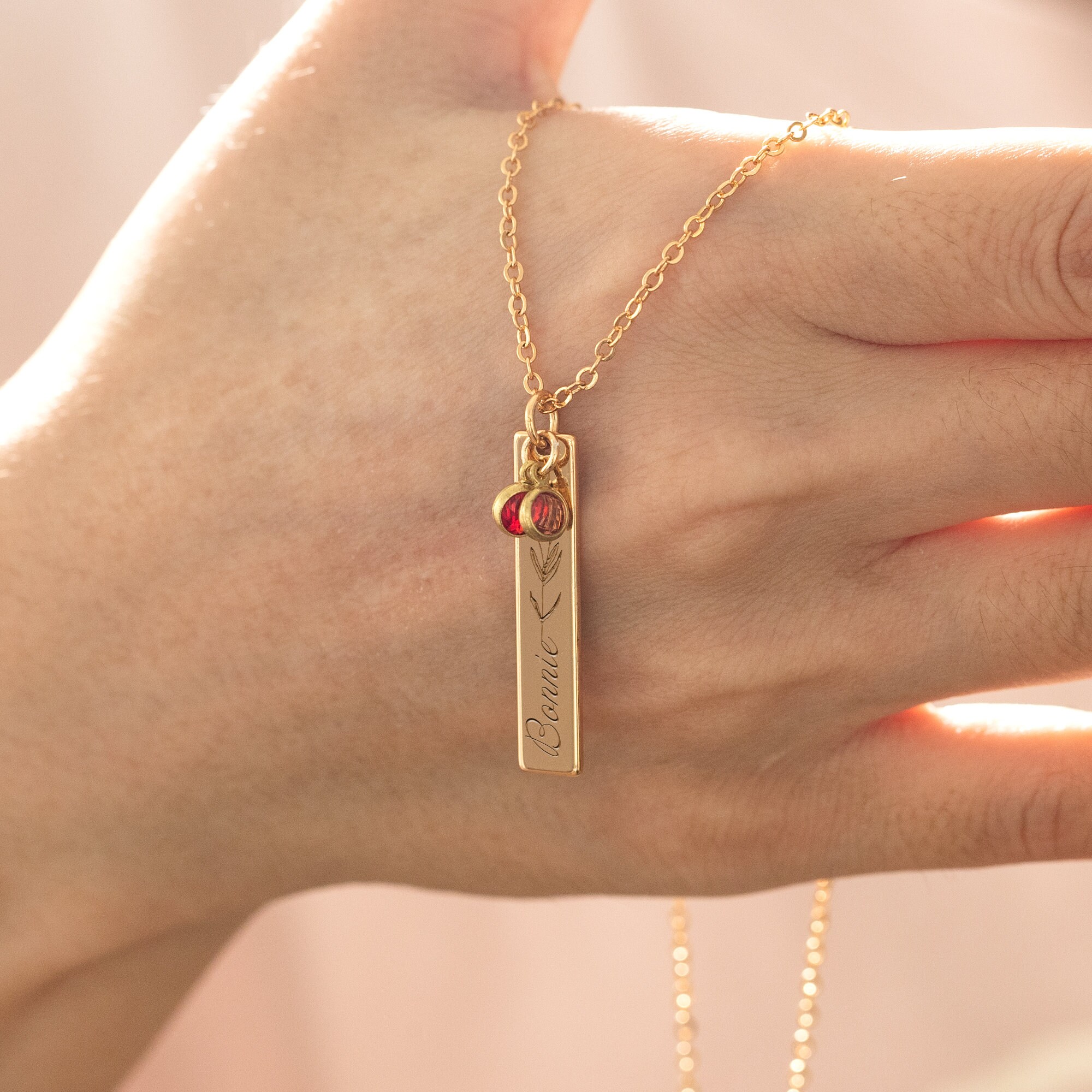 Personalized Birth Flower &amp; Birthstone Bar Necklace, Custom Engraved Necklace for Moms, Children's Birth Month Stone Necklace, Ideal Christmas Gift for Grandma