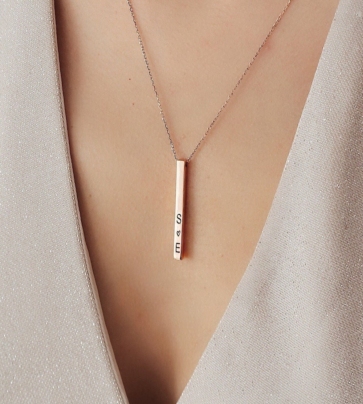 Personalized Sterling Silver Vertical Bar Necklace with Custom Date &amp; Name, Engraved Initial Jewelry, Ideal Gift for Her,