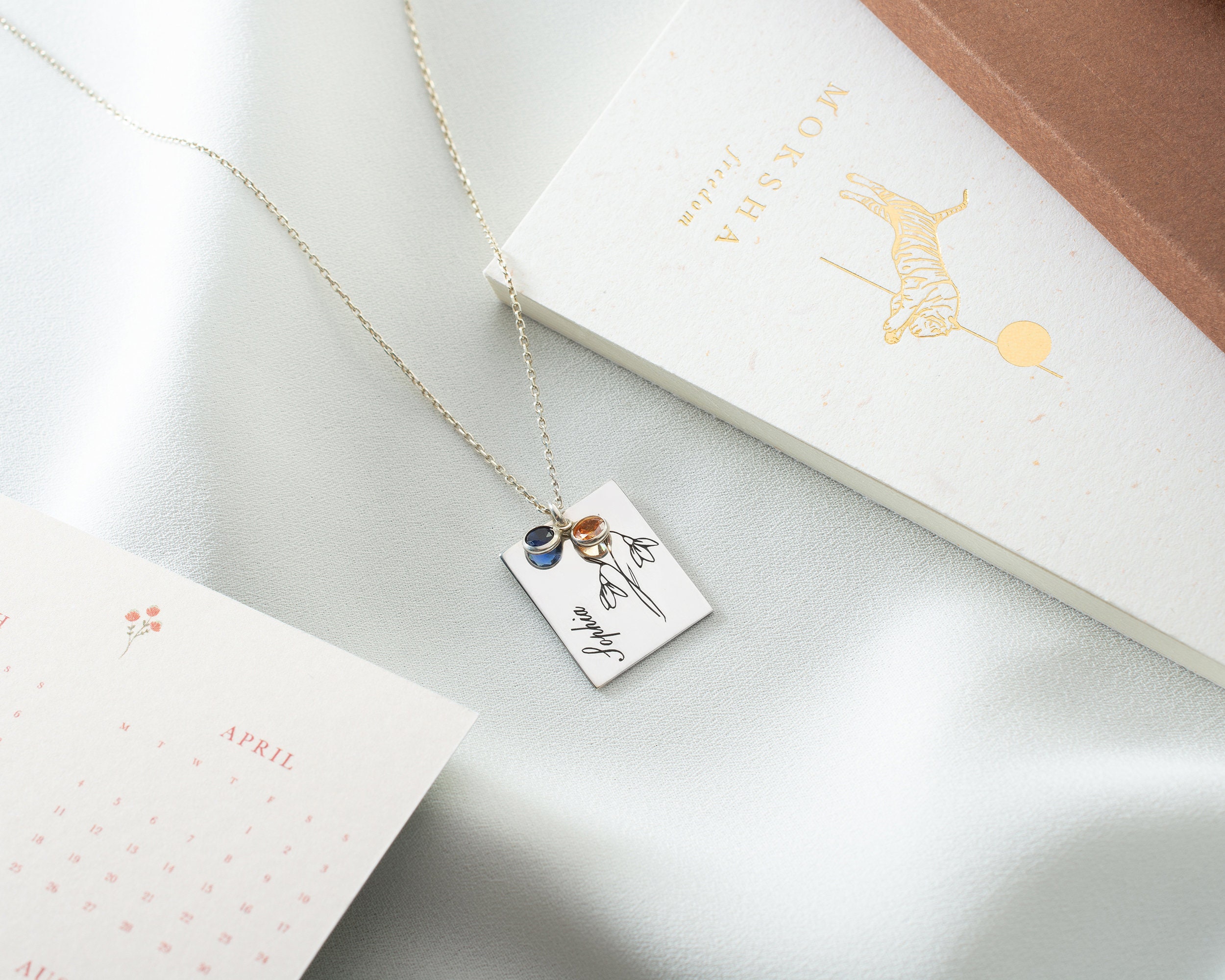 December Birth Flower Necklace - Custom Holly &amp; Citrine Birthstone in Gold/Silver,