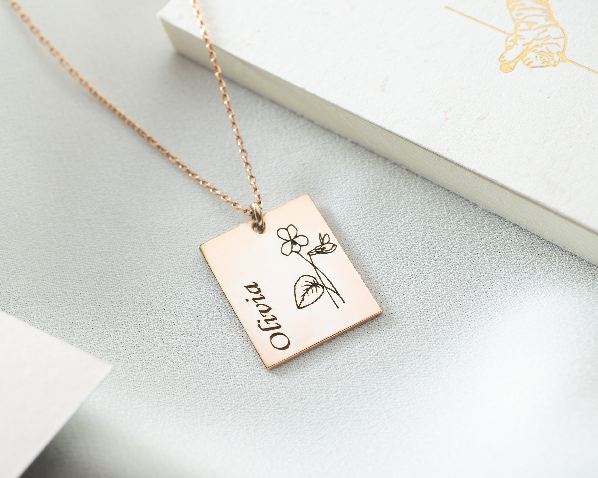 December Birth Flower Necklace - Custom Holly &amp; Citrine Birthstone in Gold/Silver,