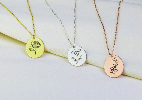 Personalized Sterling Silver Birth Month Flower Necklace - Custom Birth Flower Pendant