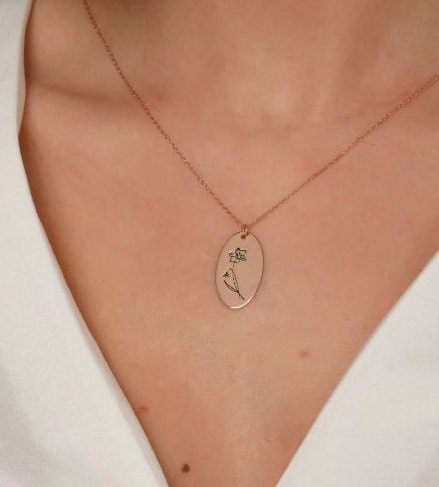Personalized Sterling Silver Birth Month Flower Necklace - Custom Birth Flower Pendant