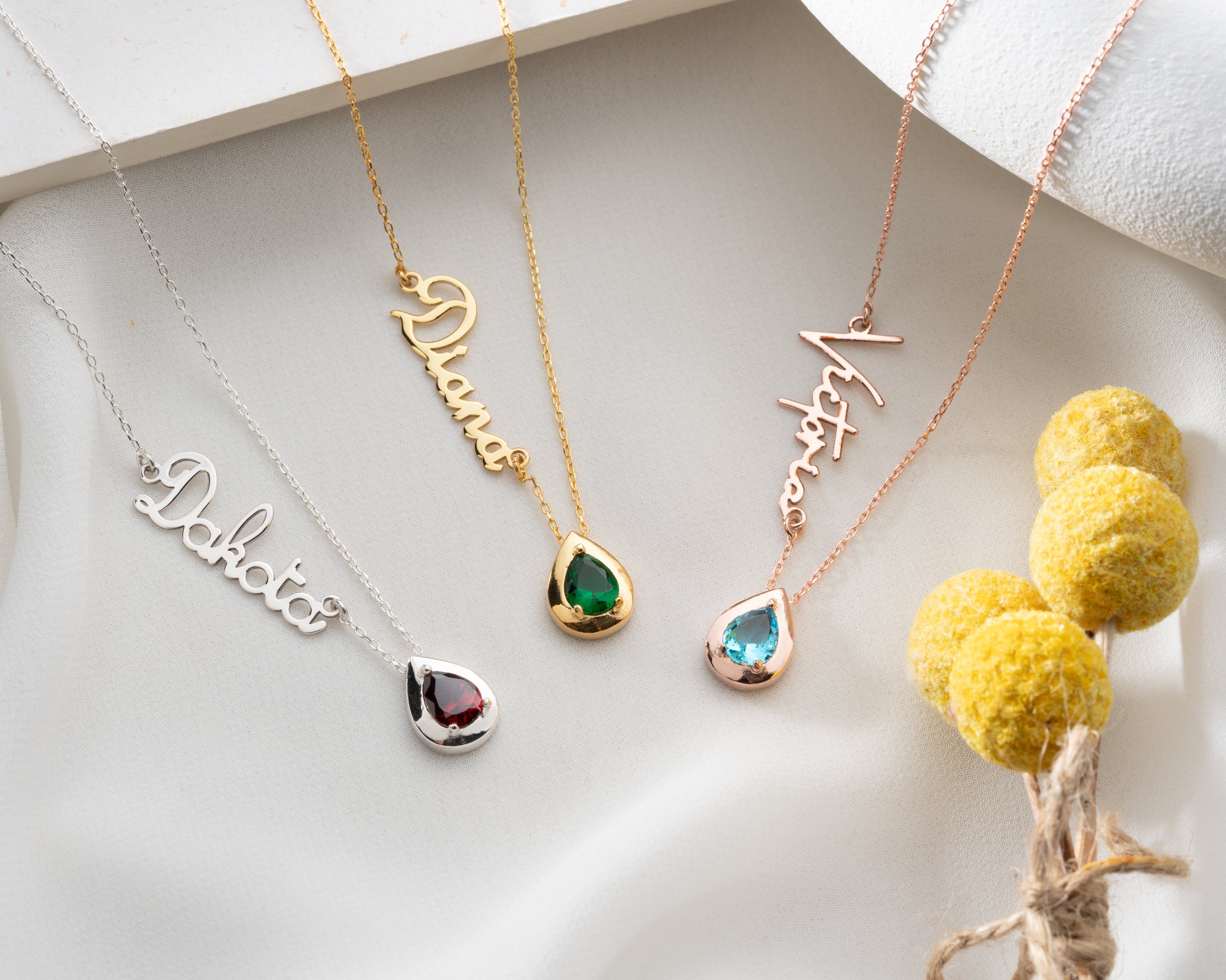Custom Gold Name Necklace with May Birthstone - Personalized Silver Necklace for Mother's Day Gifts