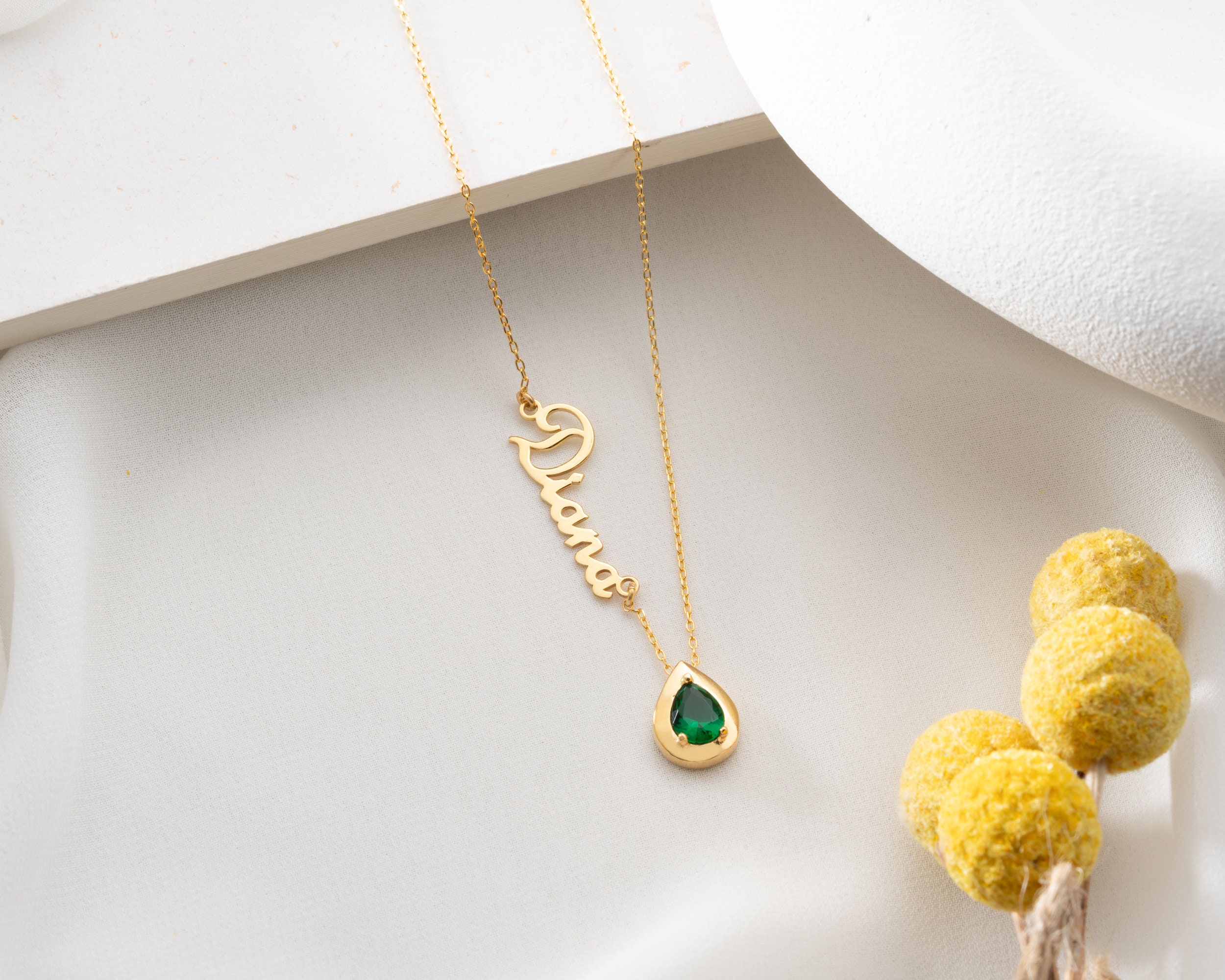 Custom Gold Name Necklace with May Birthstone - Personalized Silver Necklace for Mother's Day Gifts